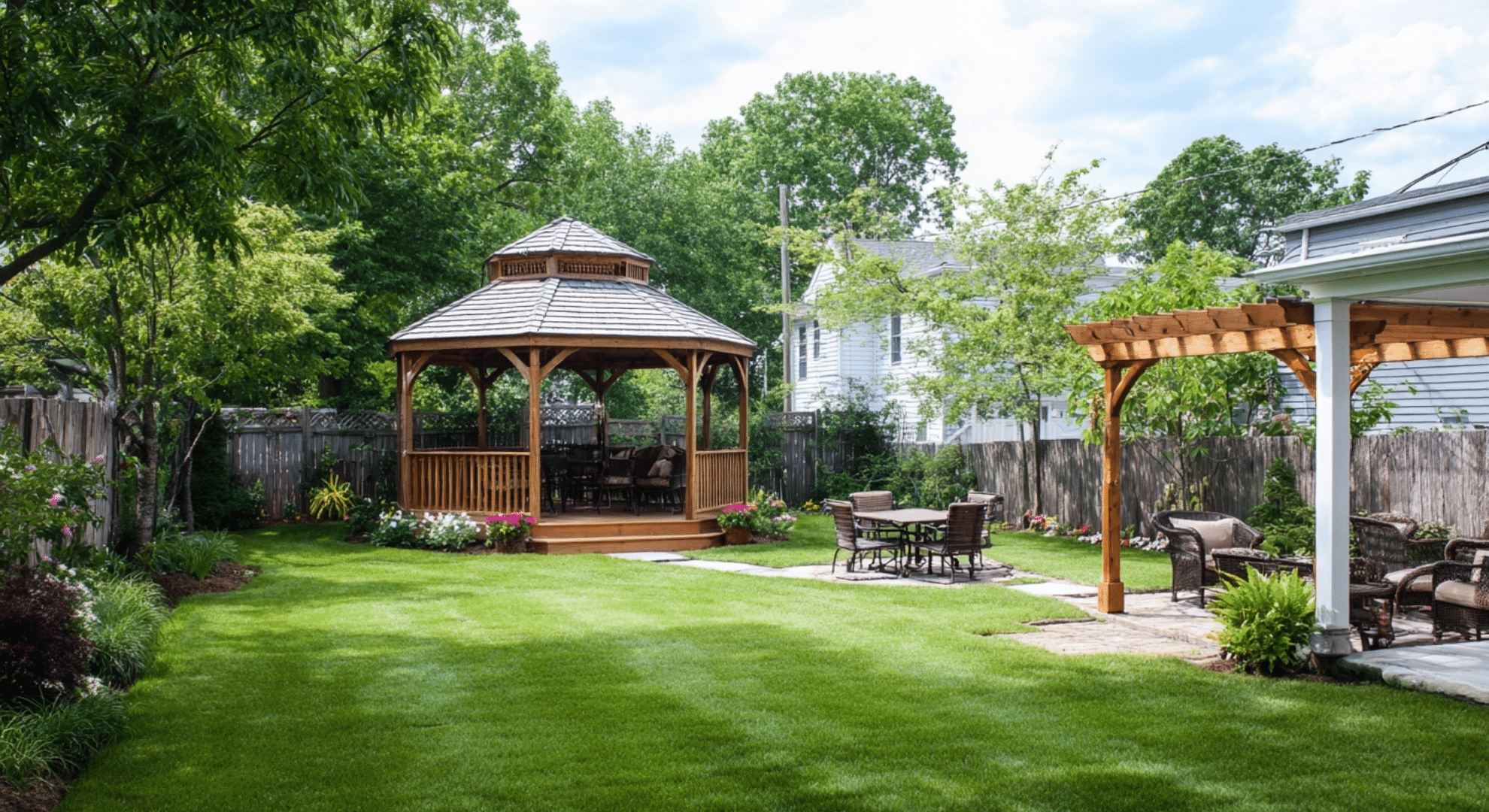 Backyard with a round wooden gazebo, a patio dining set, and an attached wooden pergola over seating.