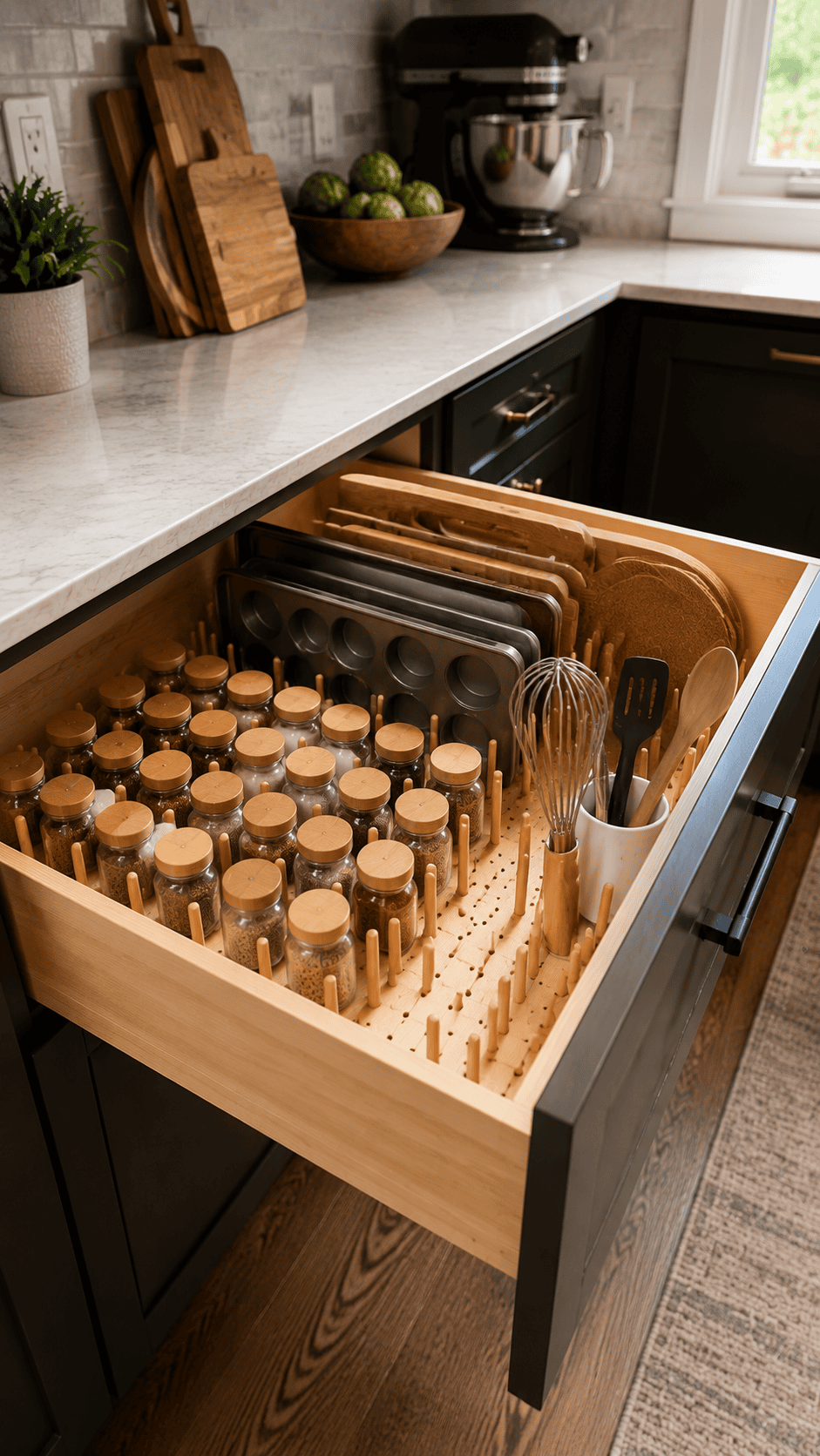 Open kitchen drawer with a light wood peg organizer holding spice jars, muffin tins, and cutting boards.