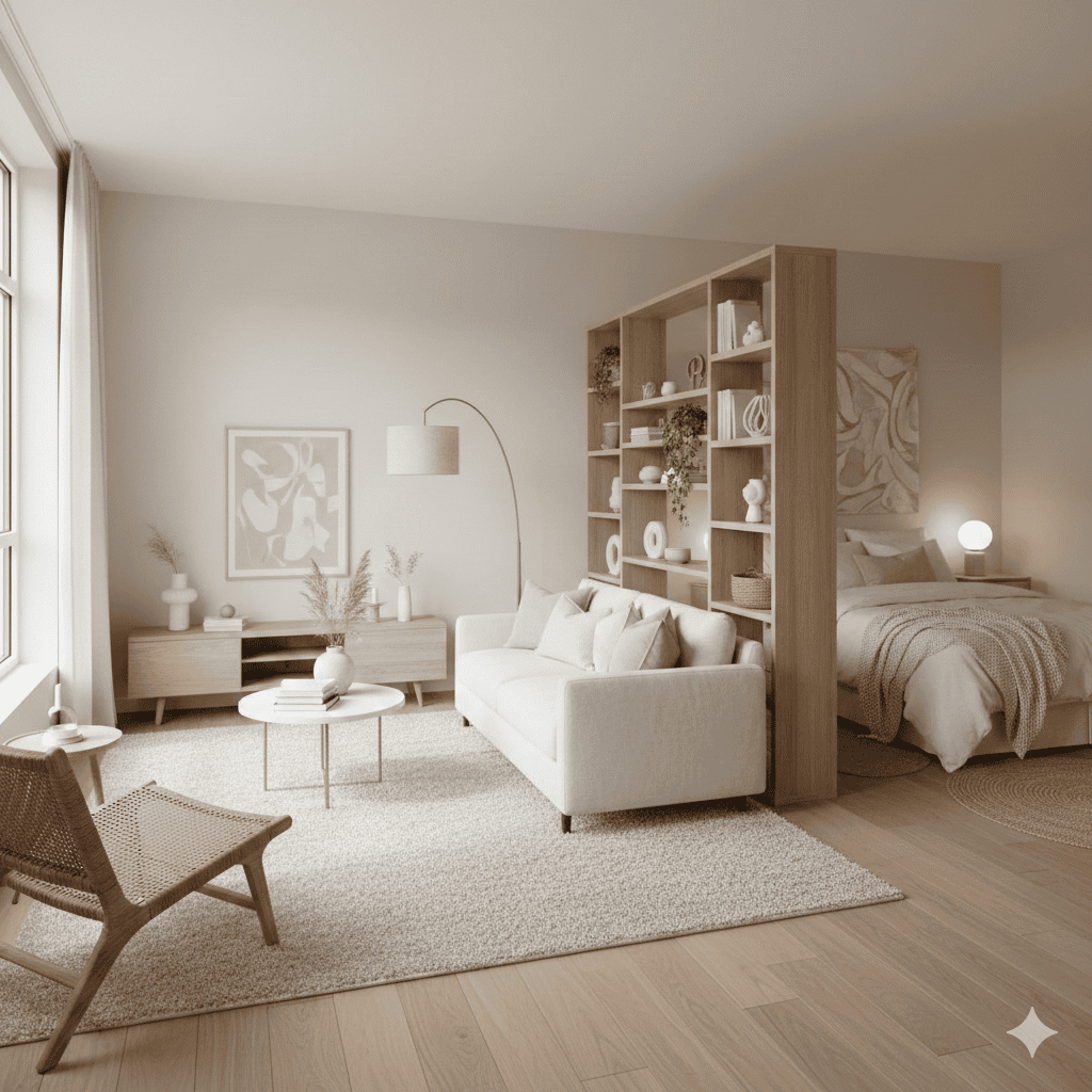 Neutral-toned living space with a white sofa and a tall wooden open bookshelf dividing it from a bedroom area with a bed.