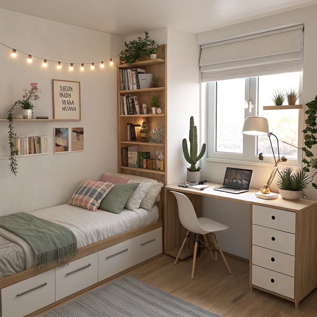 A small bedroom with a bed frame that includes under-bed storage drawers, a built-in wooden bookshelf, and a desk next to a…