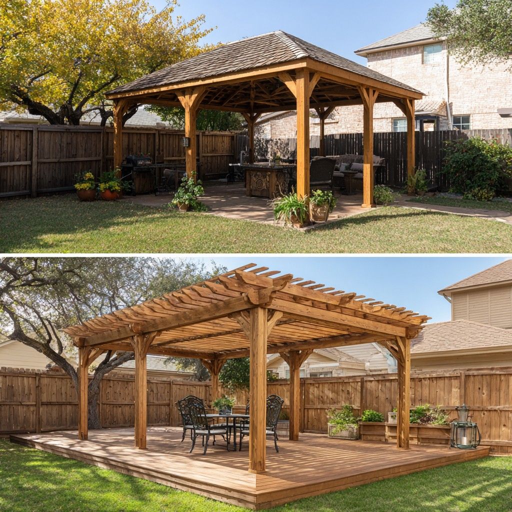 Wood gazebo with a shingled roof and outdoor furniture on a patio next to a green lawn.