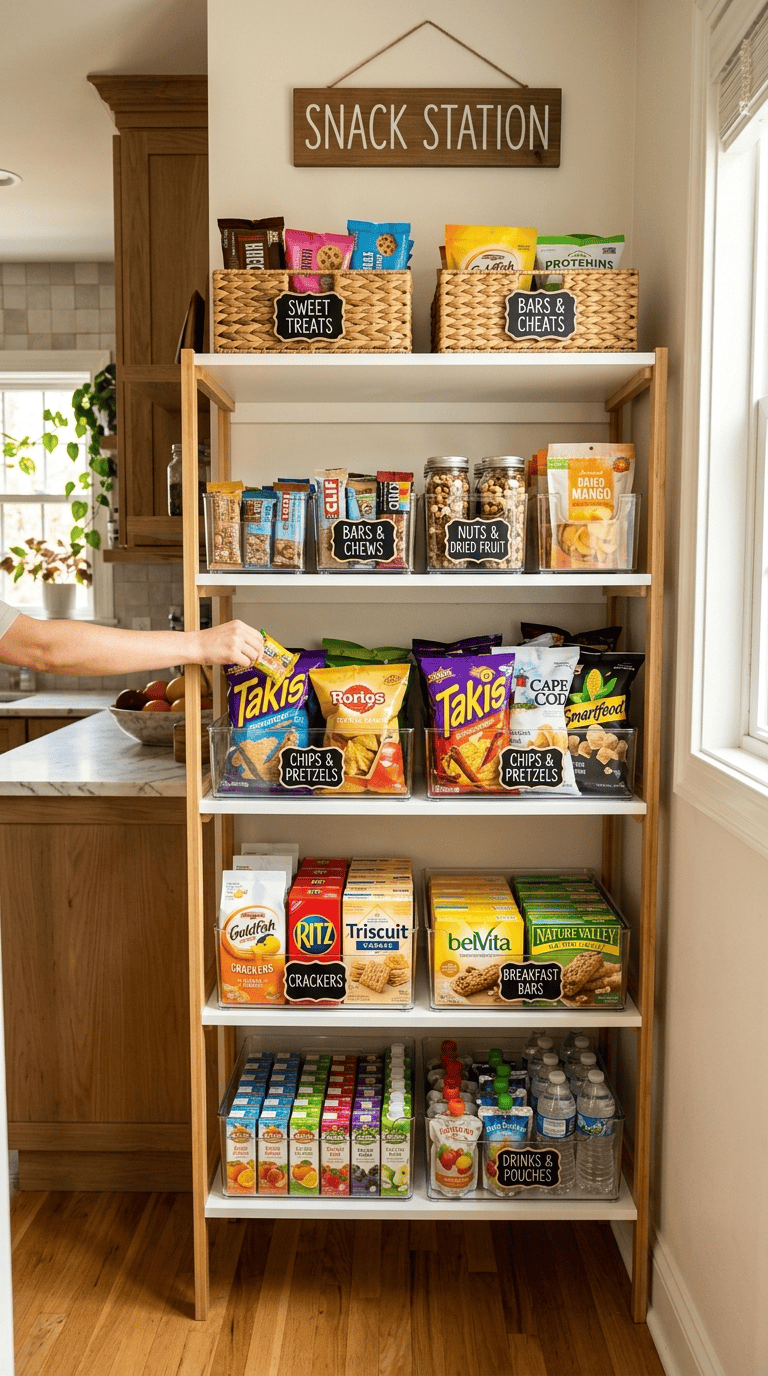 A wooden sign saying 'Snack Station' hangs above shelves filled with organized snacks in labeled bins and baskets.