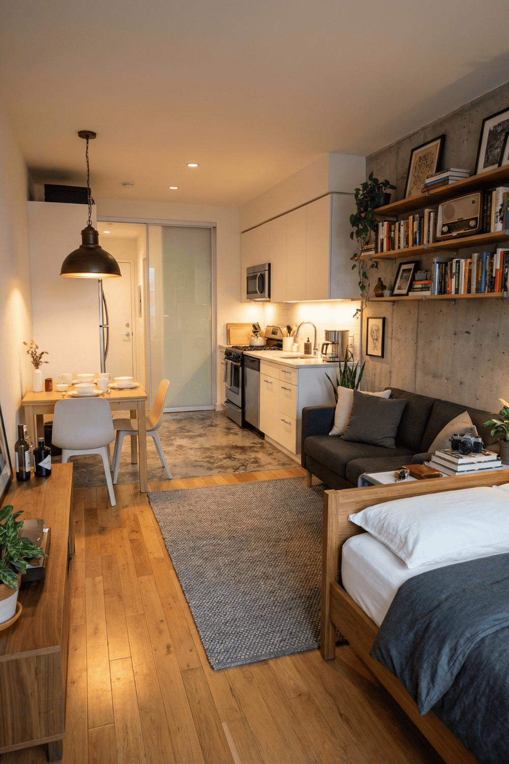Interior of a studio apartment showing kitchen, dining table, sofa, and bed arranged into distinct areas.