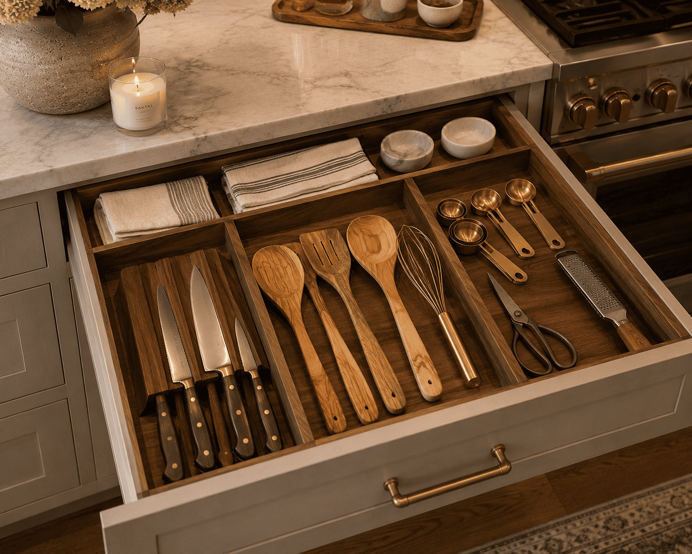 Open kitchen drawer with custom wooden dividers organizing knives, wooden cooking utensils, measuring spoons, and kitchen…