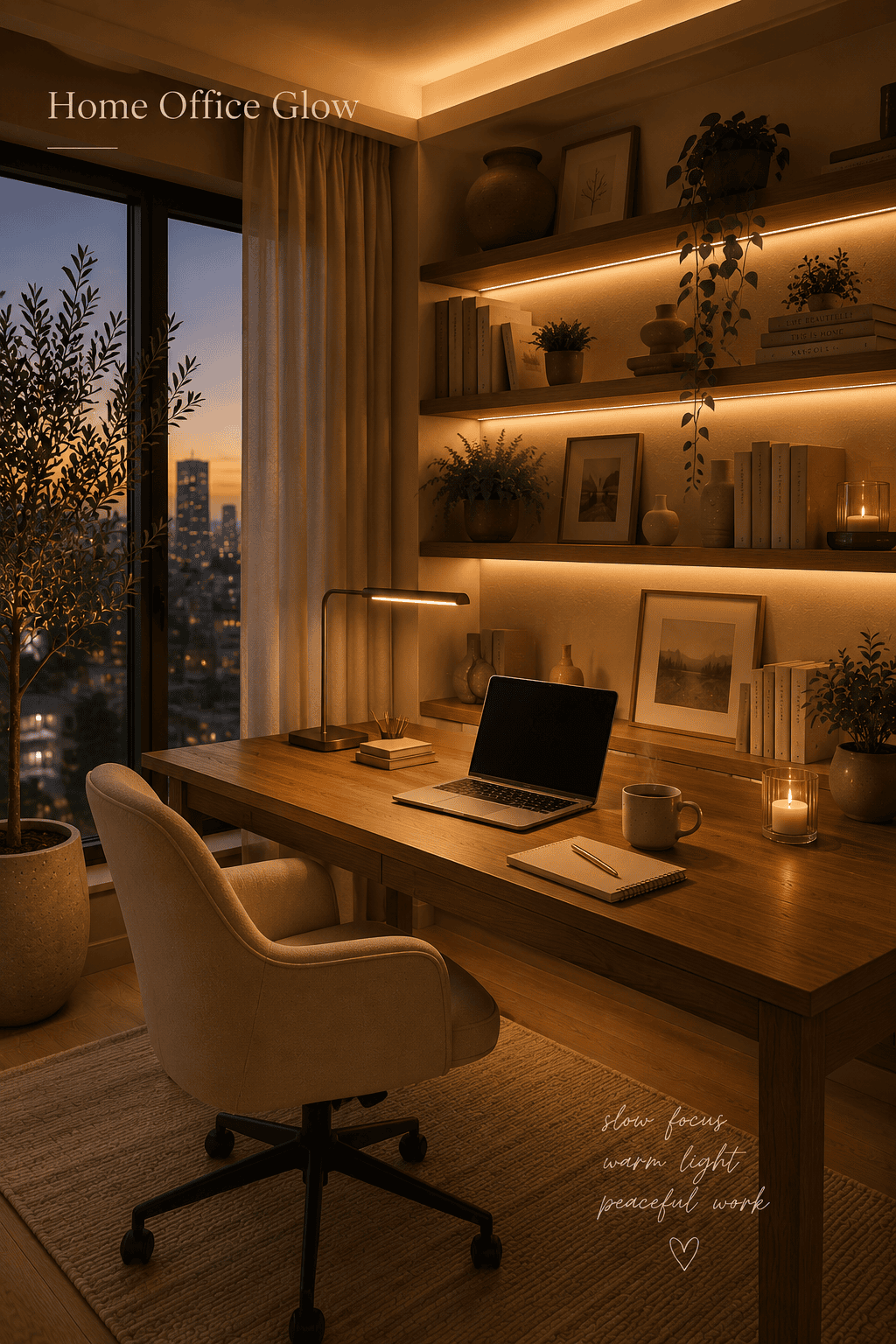Home office with warm strip lighting installed under shelves, desk lamp, and laptop on a wooden desk.