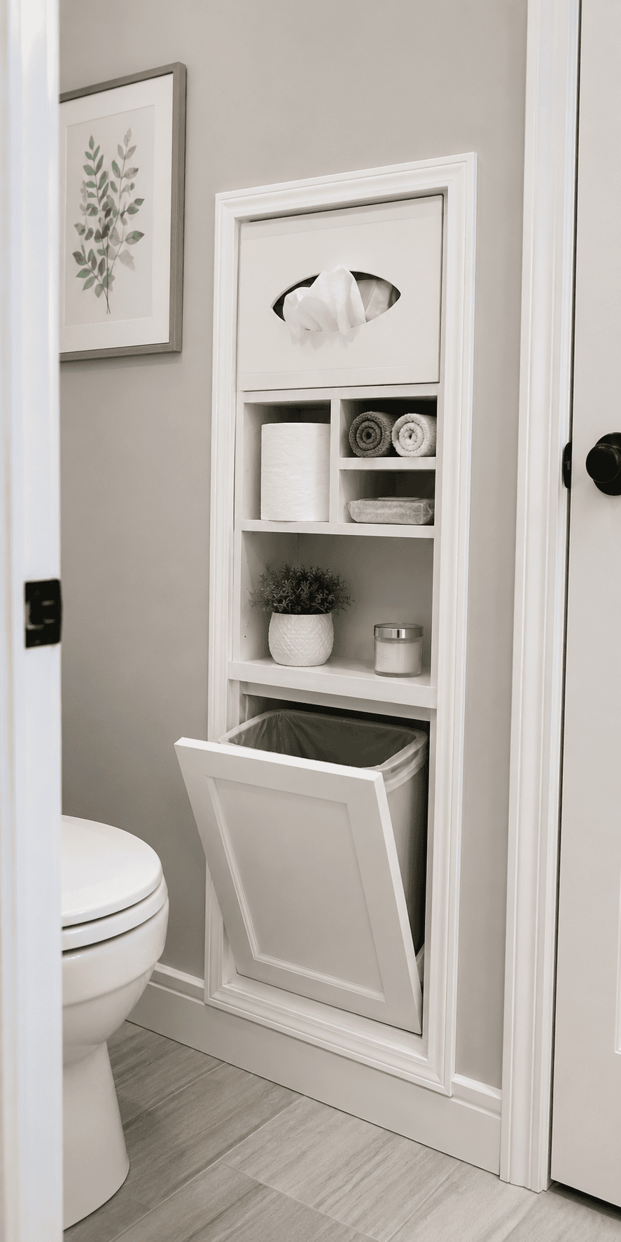 Built-in, recessed white storage unit with open shelves, tissue dispenser, and a pull-out tilting trash bin