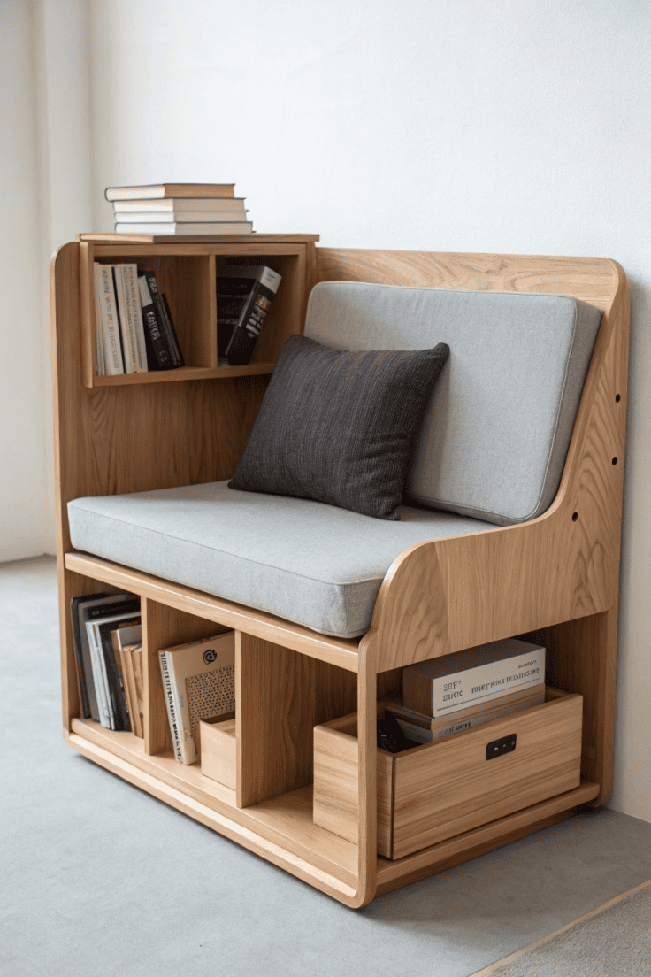 Wooden bench seat with light gray cushions, integrated bookshelves, and storage compartments below.