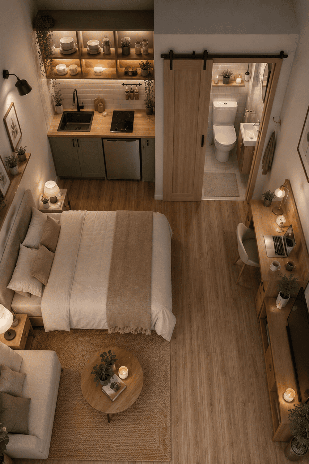 Overhead view of a studio apartment showing a bed, small sofa, coffee table, desk, kitchen, and bathroom with a sliding barn…