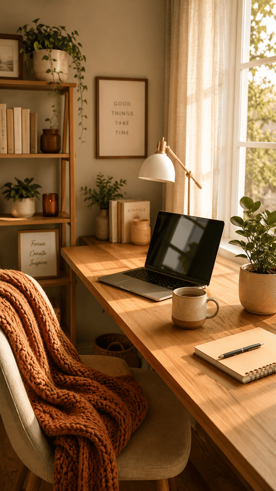 Bright, minimalist home office with a wooden desk, laptop, plant, mug, and a chair draped with a chunky knit blanket.