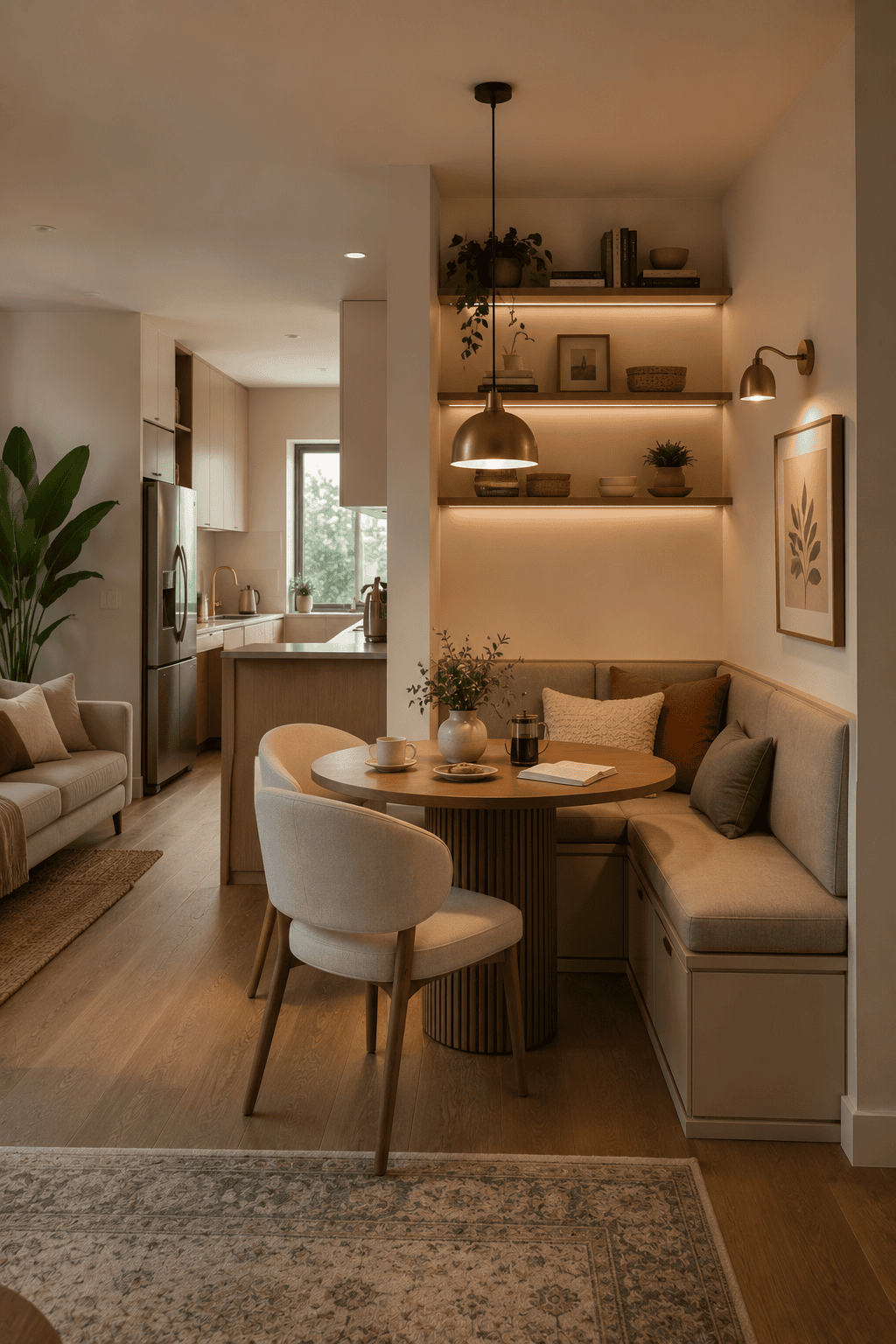 A small dining area with a built-in upholstered banquette seat, round wooden table, and two chairs.