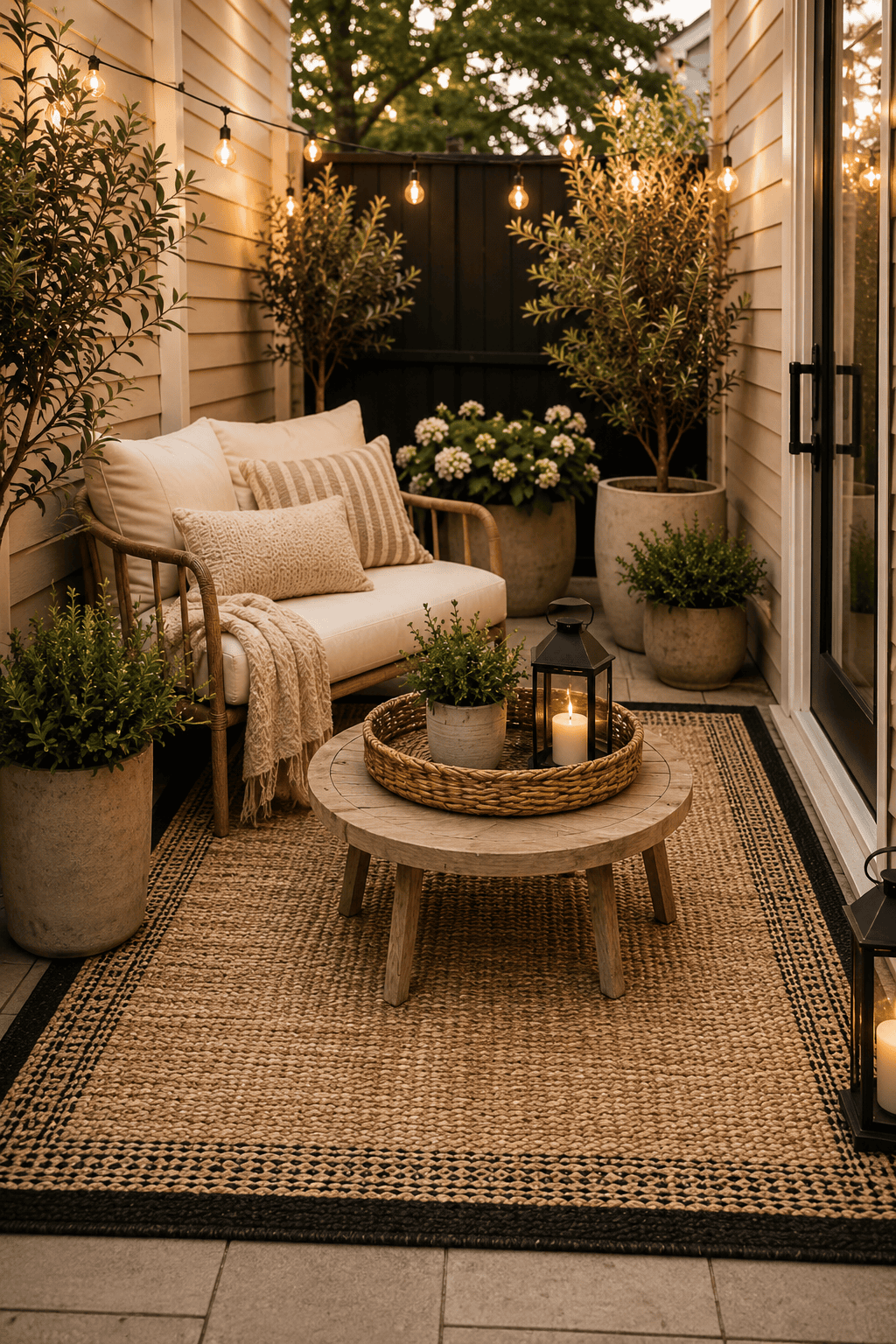 An outdoor patio with a woven rug, a small wooden table, an outdoor sofa with cushions, and potted plants.