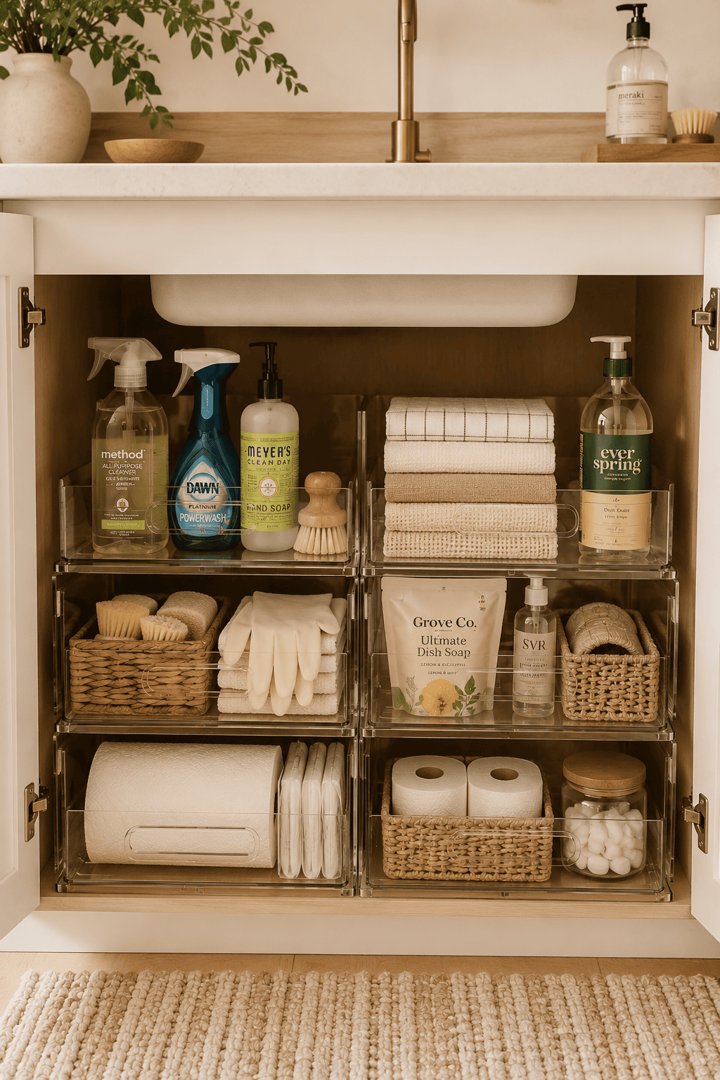Under a kitchen sink, clear stackable bins hold cleaning sprays, hand soap, folded towels, rubber gloves, dish soap, and…