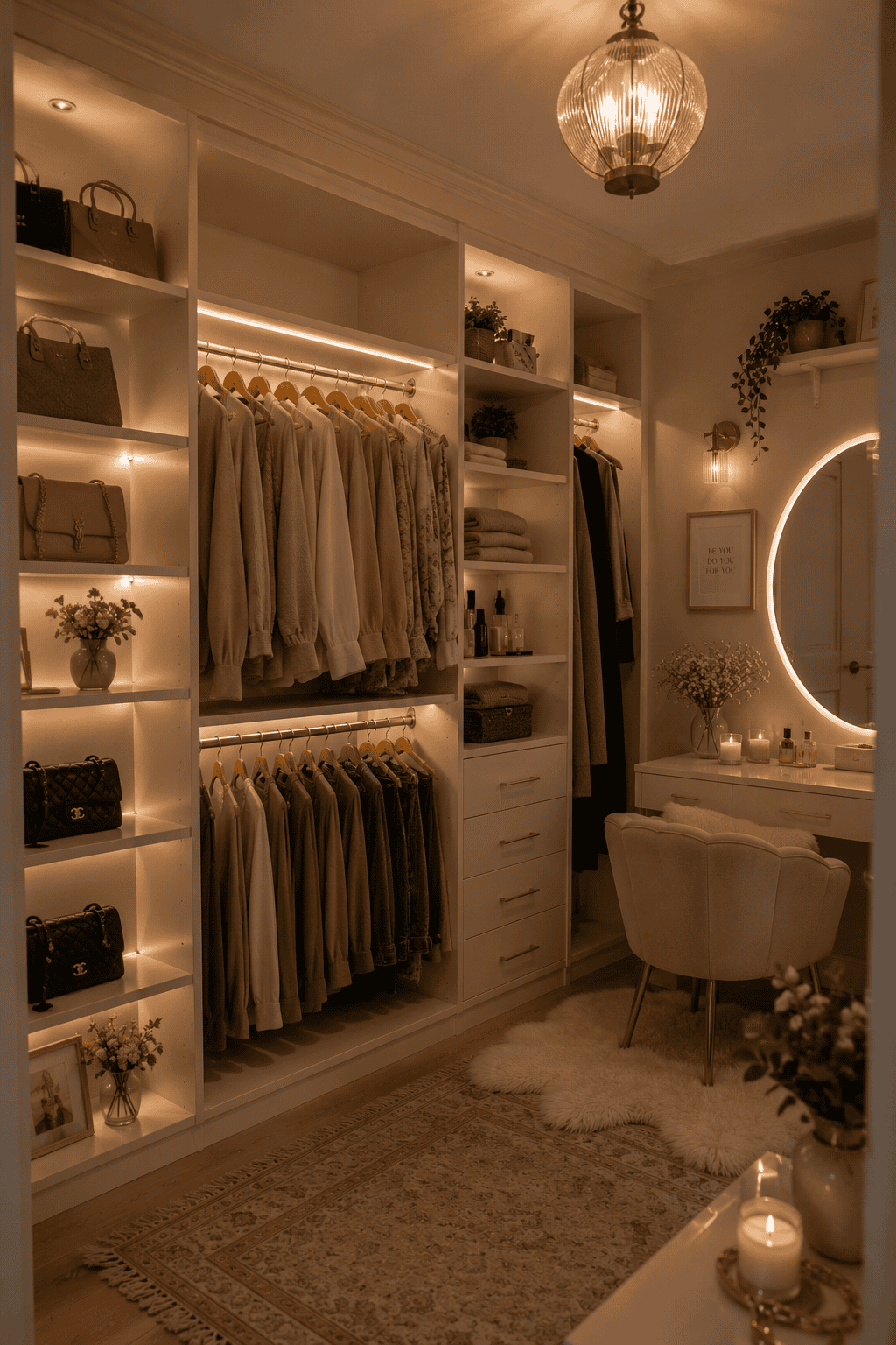 Brightly lit walk-in closet with shelves, hanging clothes, handbags, and a vanity with a round mirror.