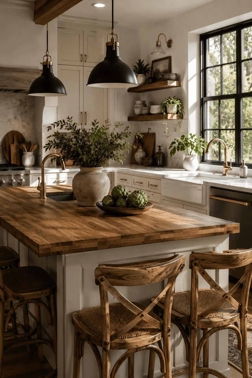Farmhouse kitchen island with a wood countertop, brass faucet, and two wooden bar stools
