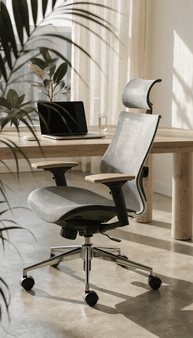 Grey mesh ergonomic office chair with wood armrests at a wooden desk with a laptop and plant