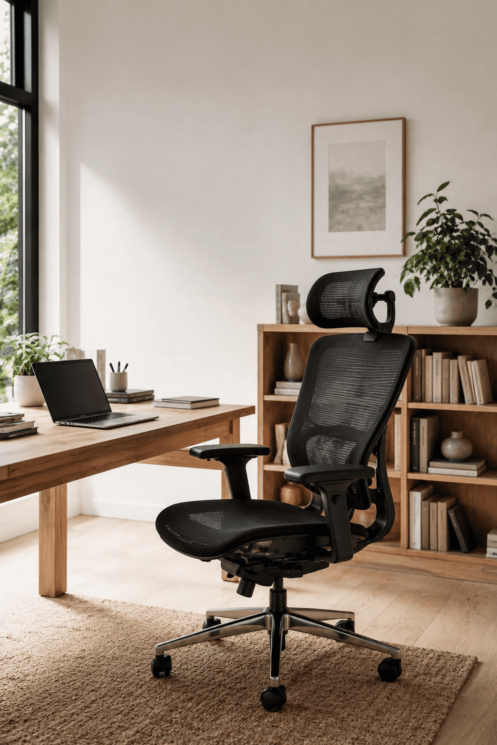 Black ergonomic office chair with mesh back and headrest, positioned in a modern home office.
