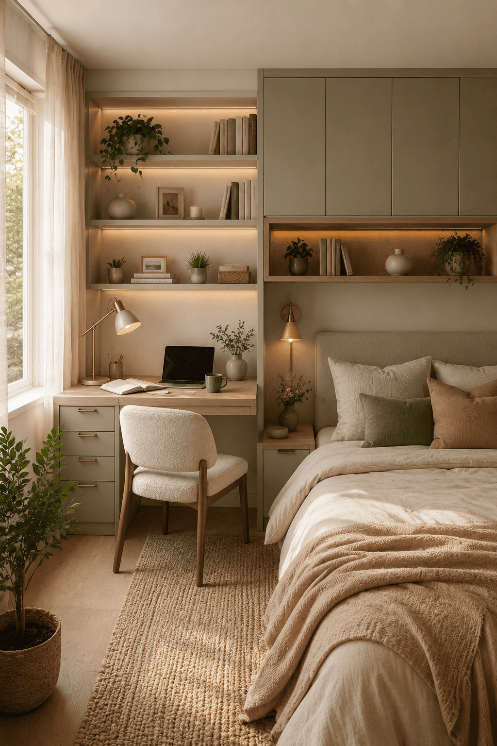 Small bedroom with a bed, a desk with a laptop, and built-in shelving with decorative items, books, and plants.
