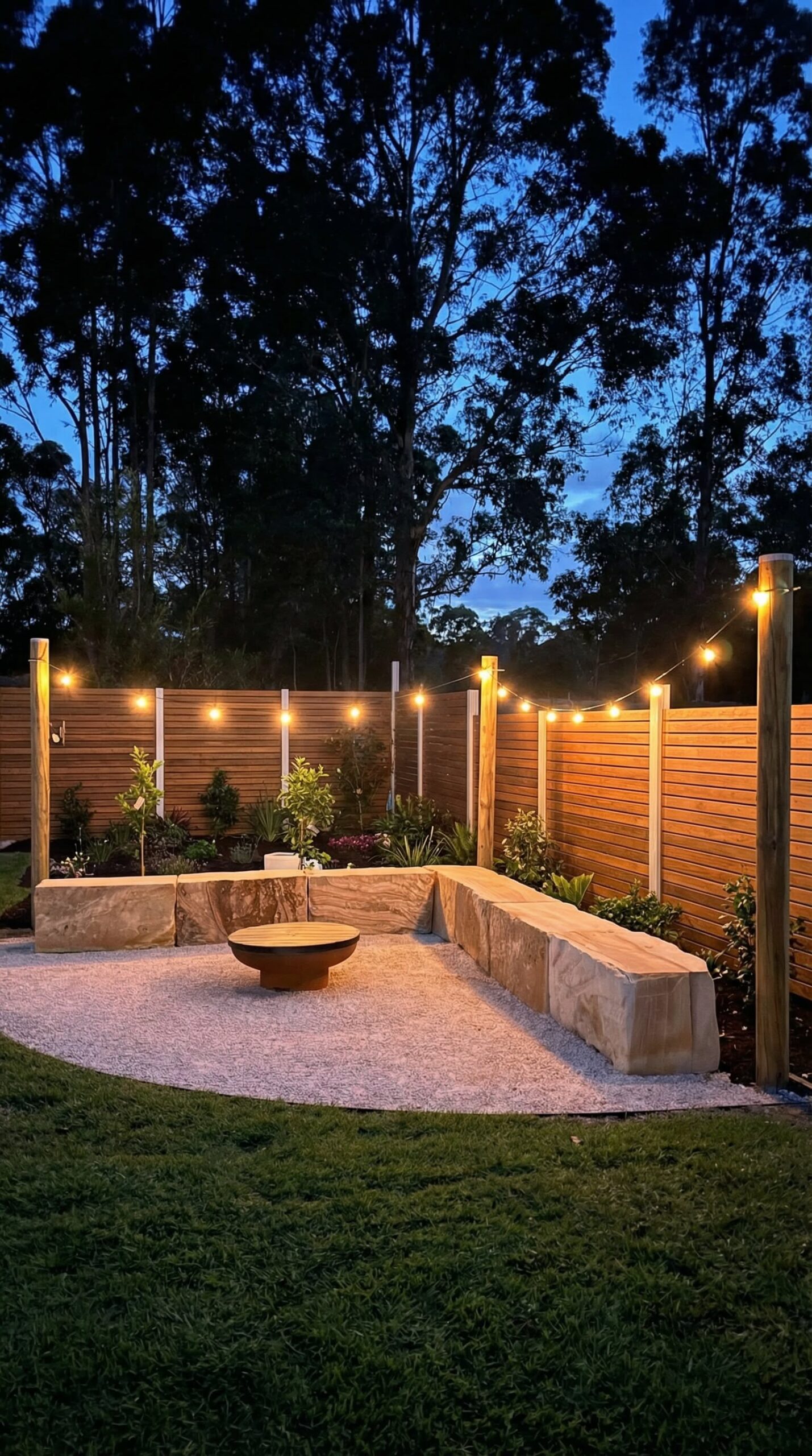 Backyard fire pit area at dusk with a round fire bowl, L-shaped stone bench seating, and overhead string lights.