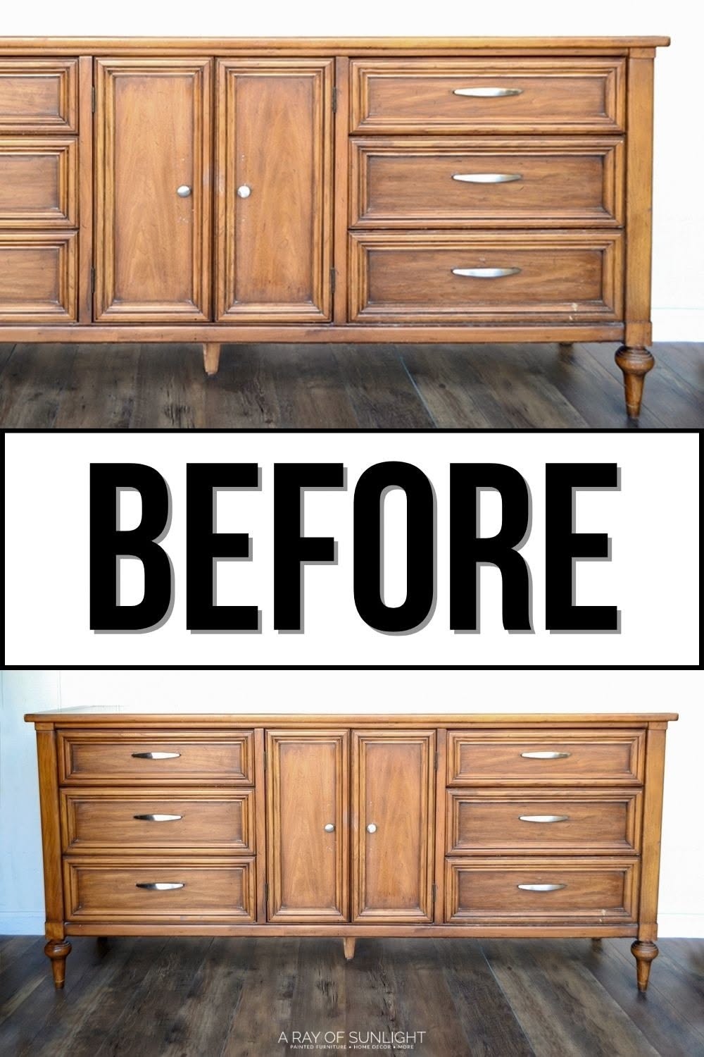 Before and after comparison of a wooden dresser with multiple drawers and cabinet doors, showcasing a furniture makeover.