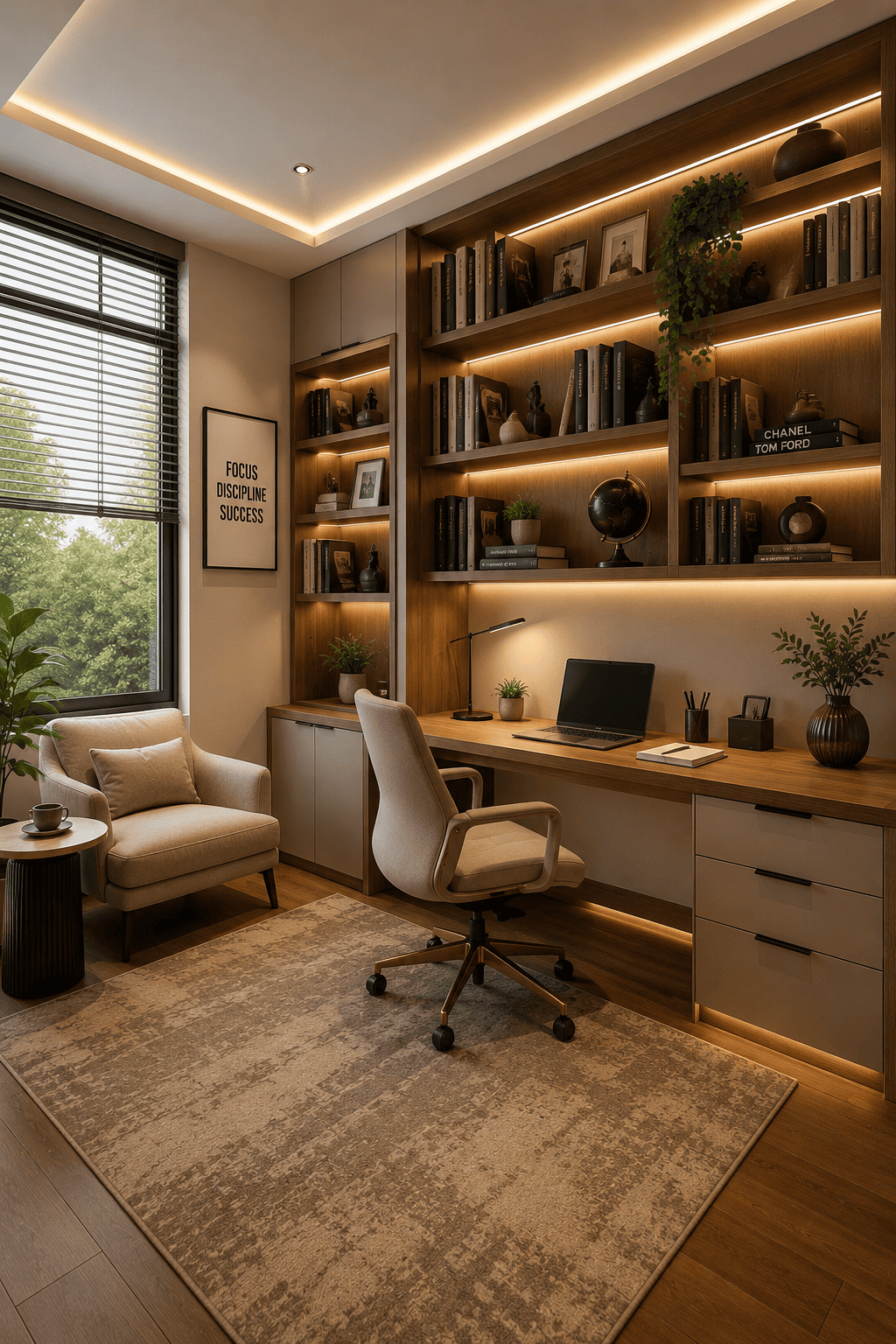 Desk lamp illuminating a laptop and workspace on a wooden desk in a home office.
