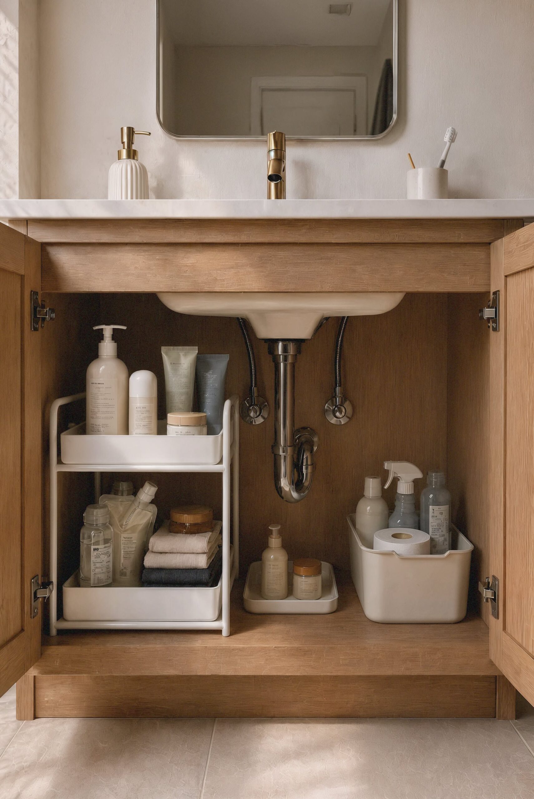 An organized under-sink bathroom cabinet with a two-tier shelf holding toiletries and a bin for cleaning supplies.