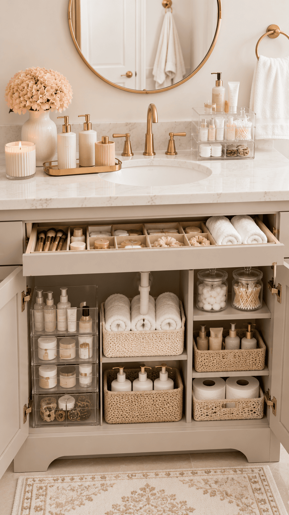An organized bathroom vanity cabinet and drawer with clear acrylic bins, woven baskets, and sectioned drawer inserts holding…