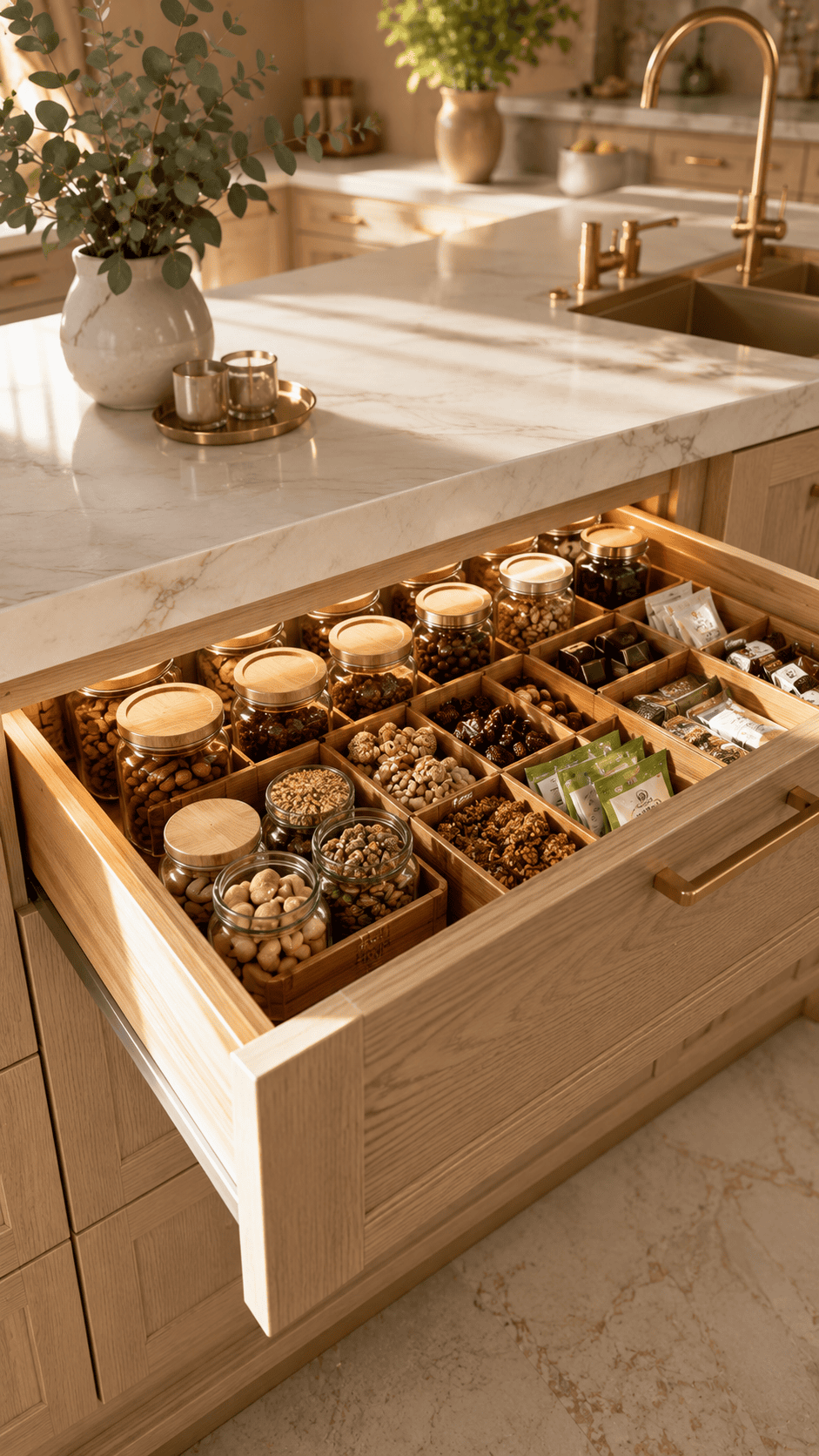 Open kitchen drawer filled with glass jars of nuts, dried fruits, and various snacks, neatly organized in wooden dividers.