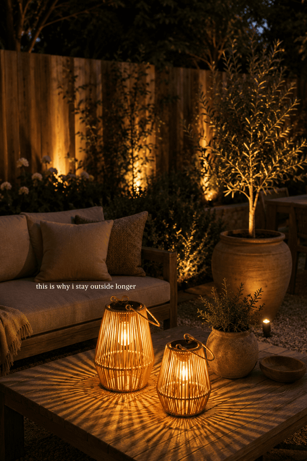 Two bamboo-style lanterns on a wooden table illuminate an outdoor patio with soft light and shadow patterns.