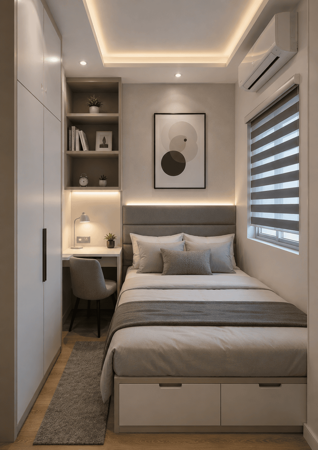 A small bedroom with a bed that has two storage drawers underneath.