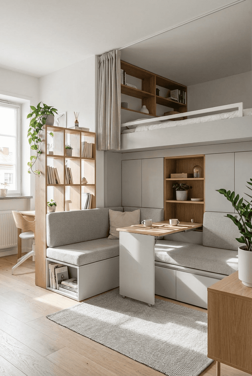 Integrated living area with a built-in sofa, pull-out table, storage, and a loft bed above, next to a tall bookshelf.