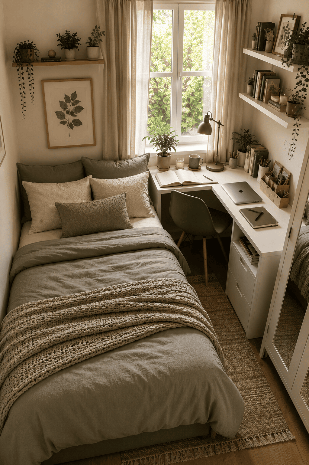 Small bedroom with a bed, a corner desk, shelves, and potted plants next to a window.