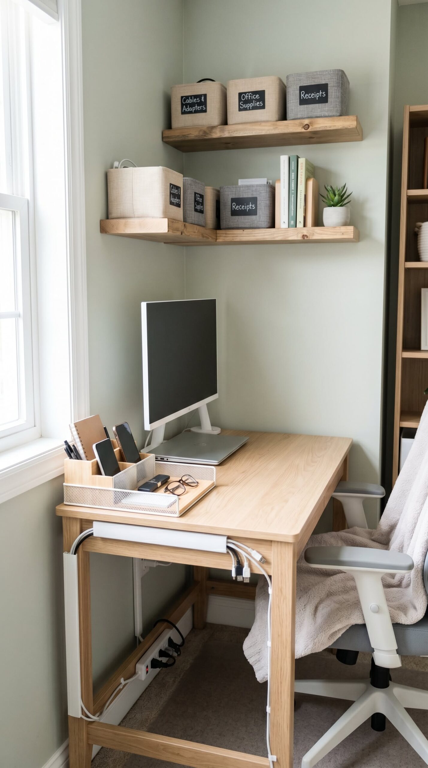 Small home office desk with a monitor, laptop, and desktop organizer.