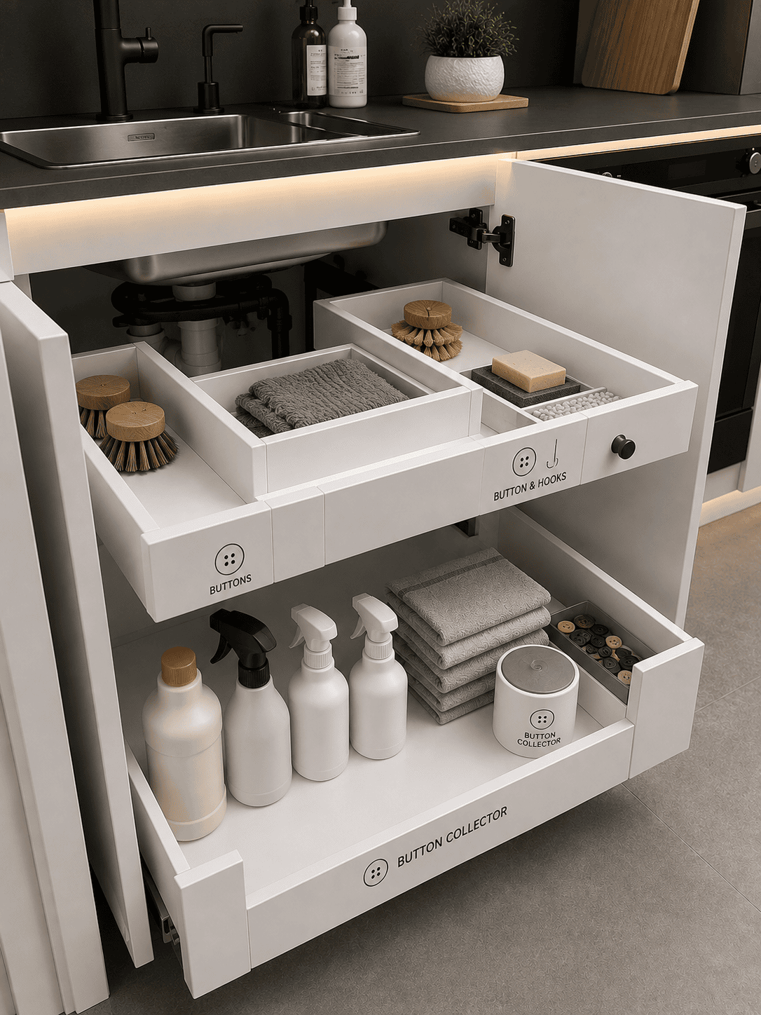 White pull-out drawers installed under a kitchen sink, holding various cleaning supplies and brushes.