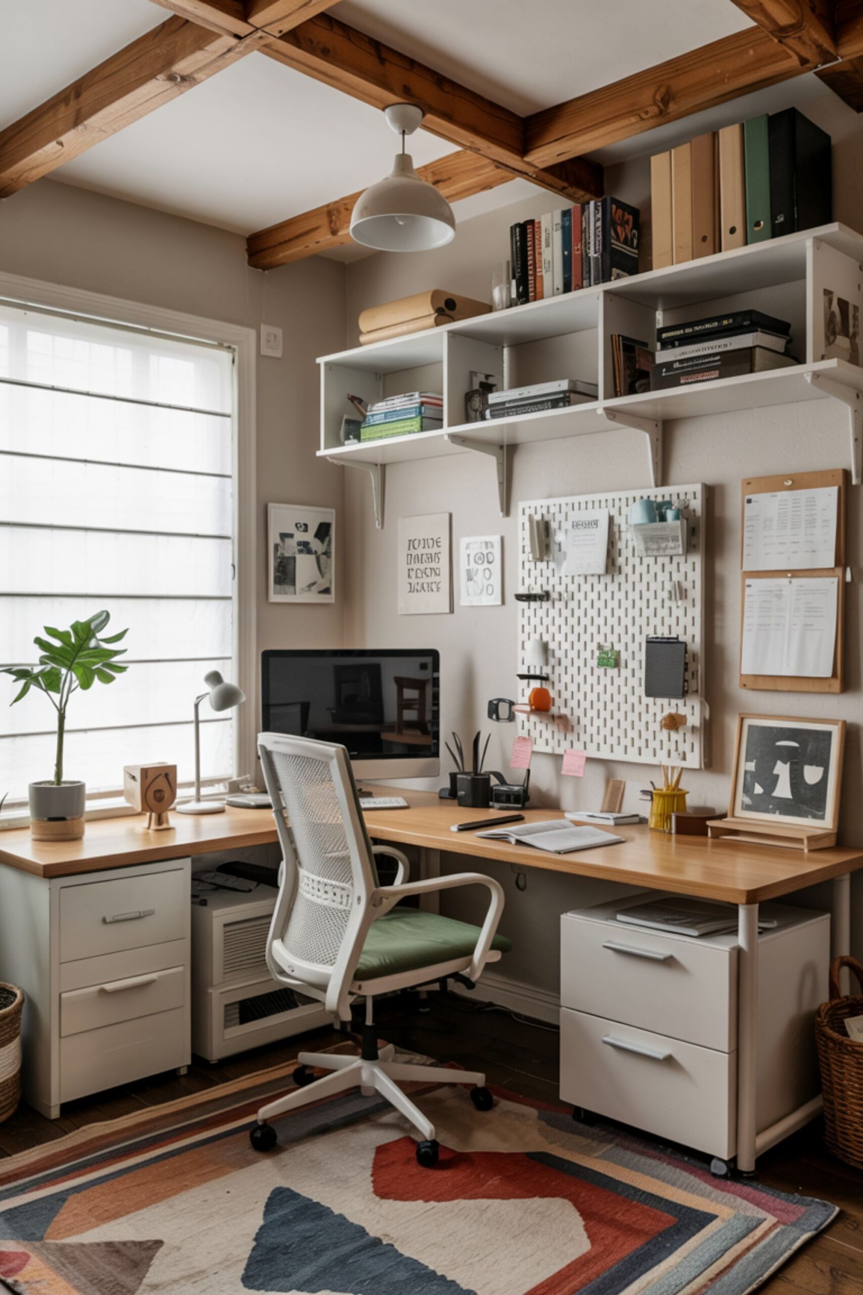 Small home office with wooden desk, an ergonomic chair, shelves, and a pegboard organizing supplies on a light wall.