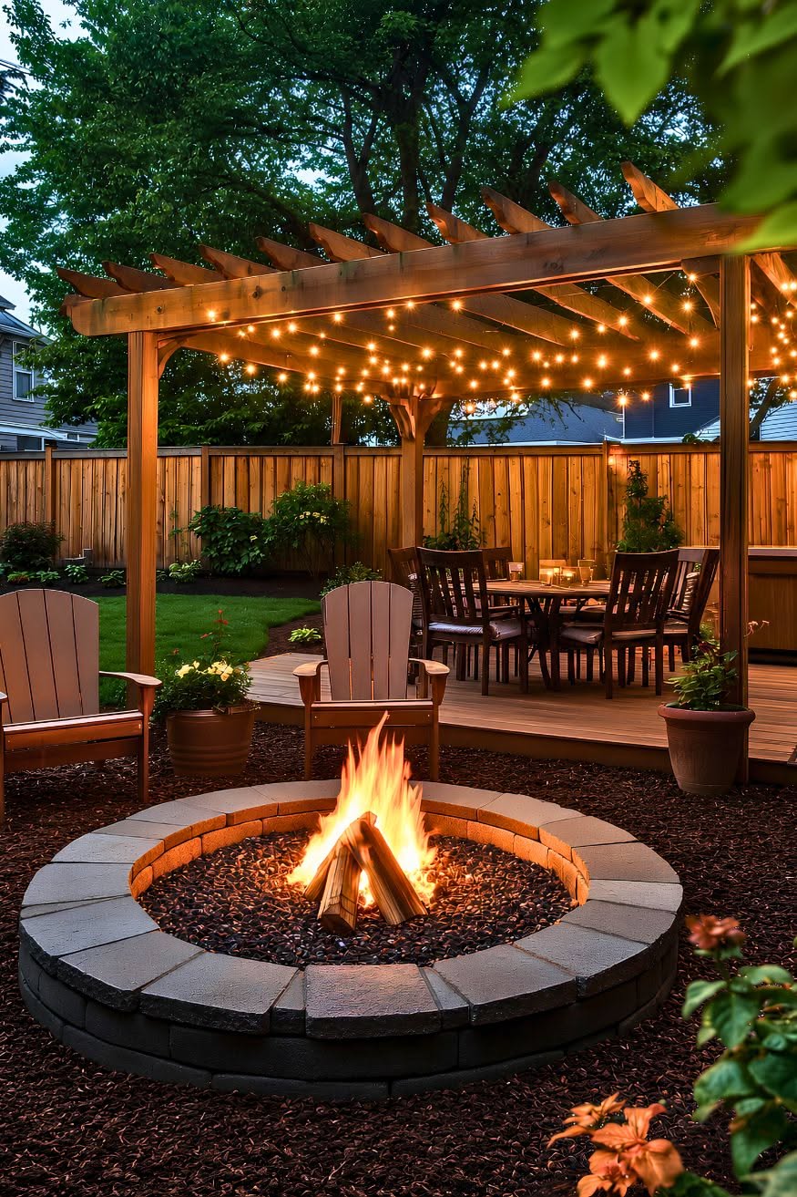 Backyard fire pit area with a lit fire pit, surrounded by mulch, wooden Adirondack chairs, and a lighted pergola.