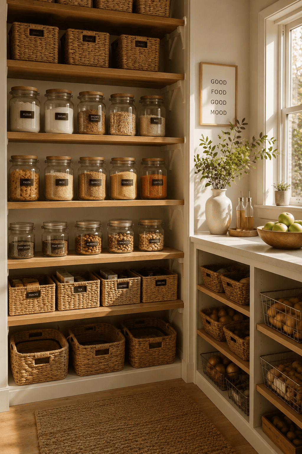Pantry shelves filled with labeled glass jars containing various dry goods like flour, sugar, pasta, and rice.