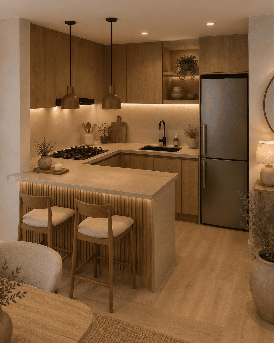Small U-shaped kitchen with wooden cabinets, a light grey countertop, built-in cooktop, and two bar stools at the peninsula.