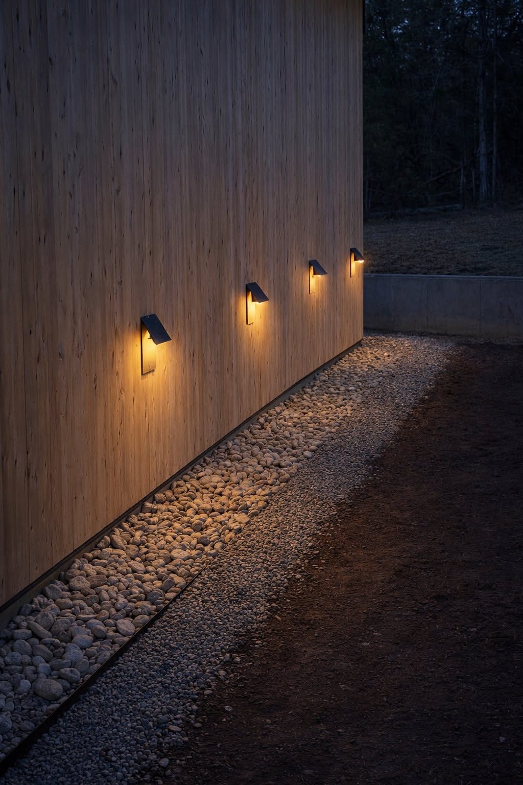 Wooden-clad exterior wall with four modern black downlights casting warm light onto a gravel path at dusk.