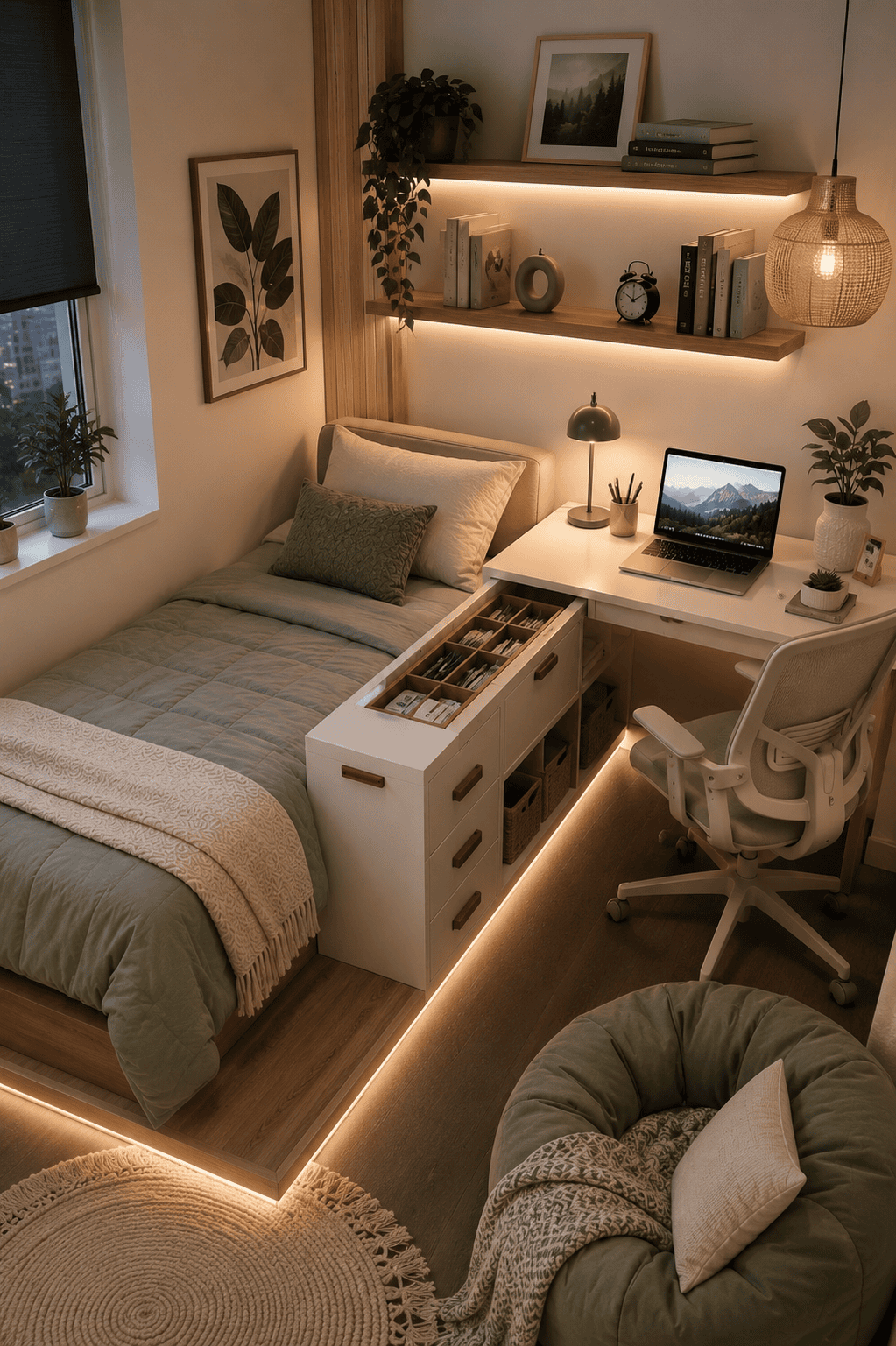 A small bedroom featuring a bed integrated with a desk and storage unit, ambient lighting, and decorative plants.