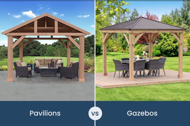Comparison showing a wooden pavilion with outdoor seating on the left and a wooden gazebo with a dining set on the right.