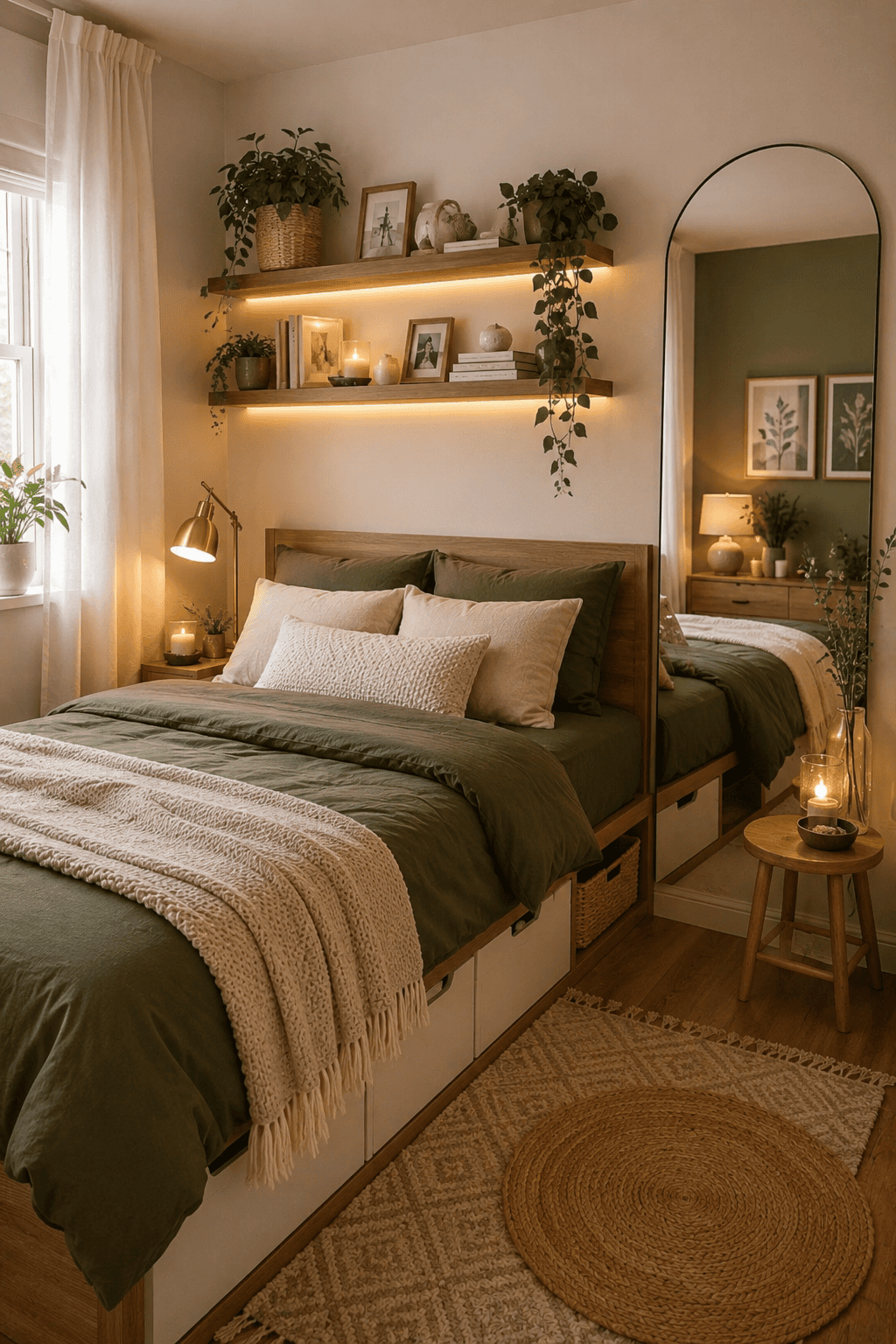 Bedroom with olive green bedding, a wooden headboard, and pull-out storage drawers integrated beneath the bed frame.