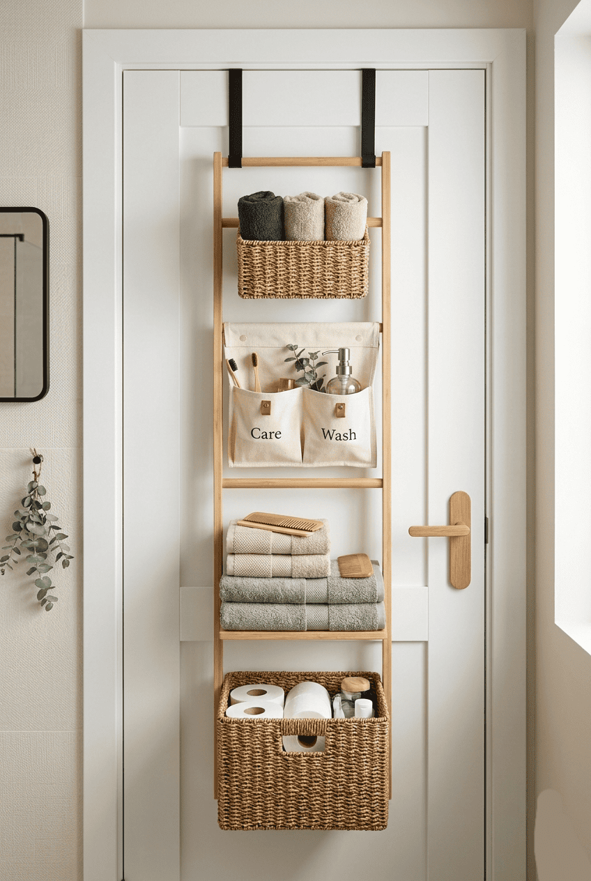Wooden ladder-style organizer hanging over a white door, holding woven baskets, folded towels, and a canvas caddy with…