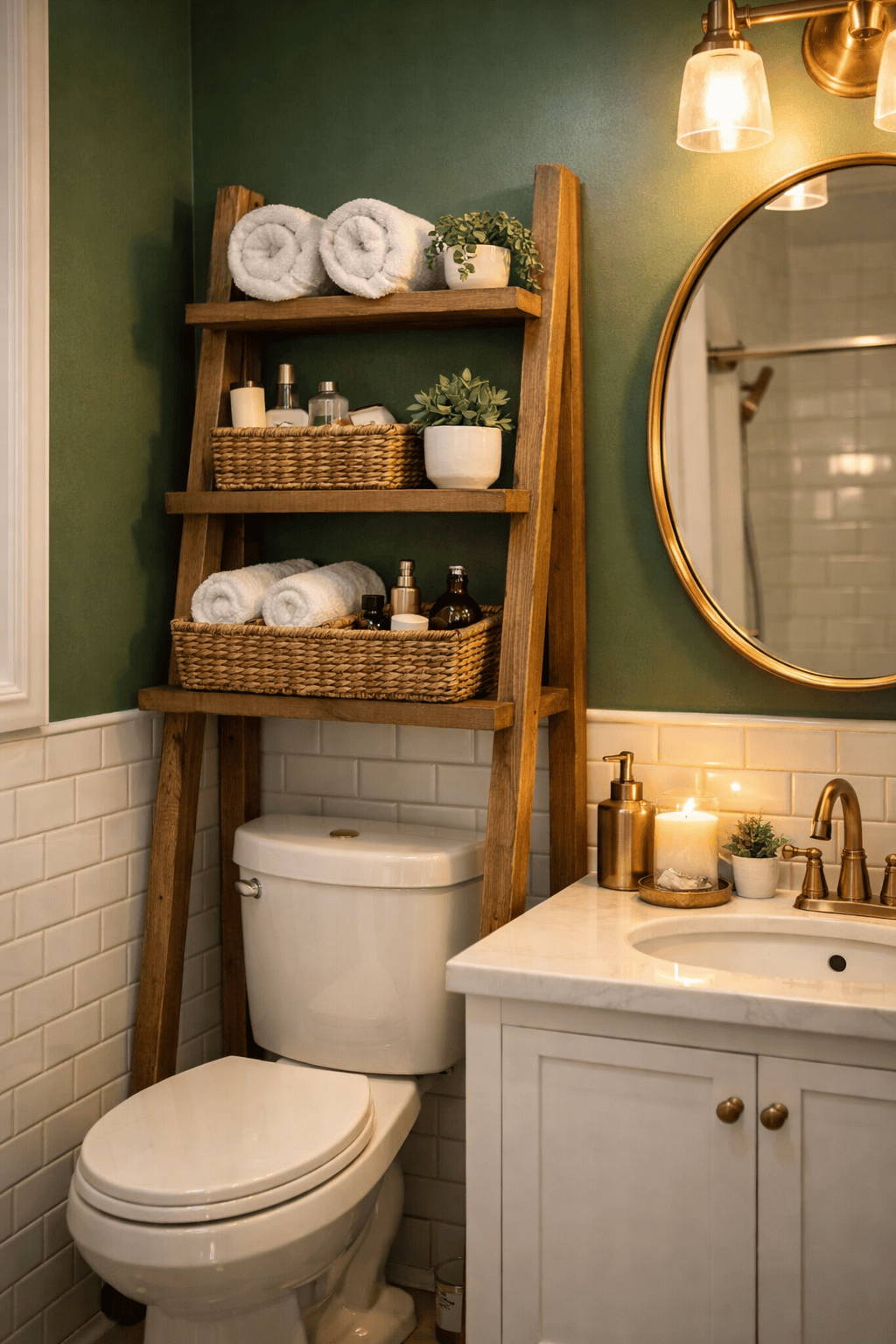 Wood ladder shelf over a white toilet with baskets, rolled towels, and small plants on its shelves.