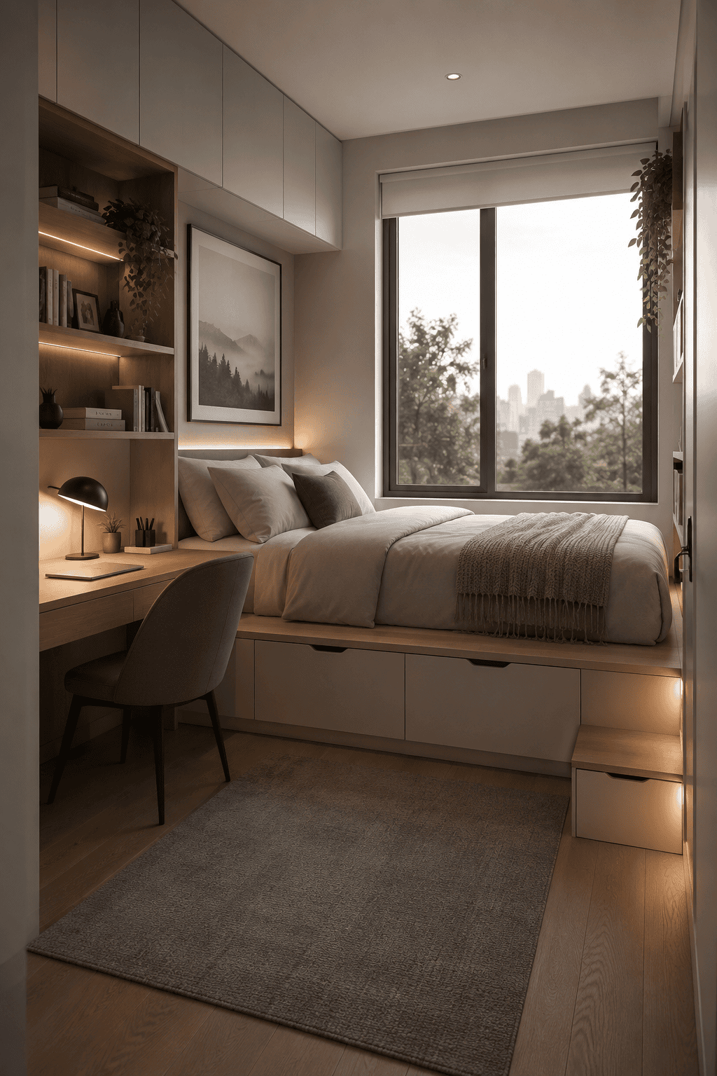 Small bedroom with a bed built into a platform with drawers underneath, and an attached desk and bookshelf.
