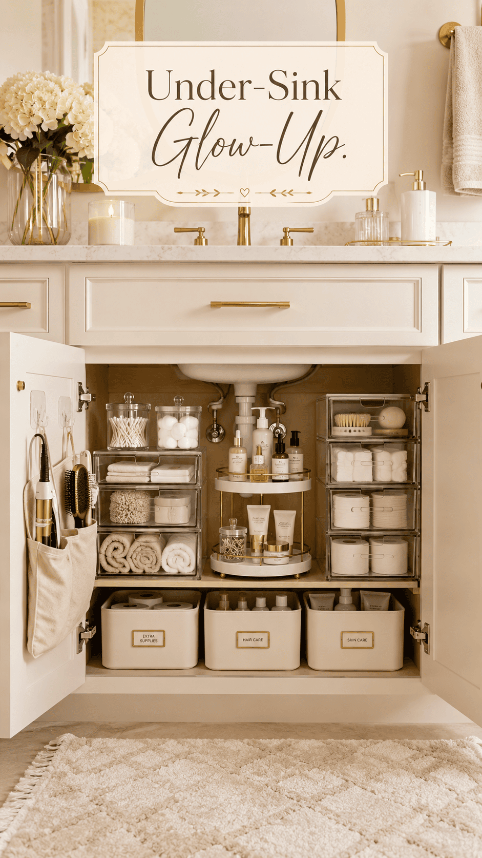 Open under-sink bathroom cabinet showing clear stacked drawers, a two-tier rotating caddy, and labeled bins for organization.