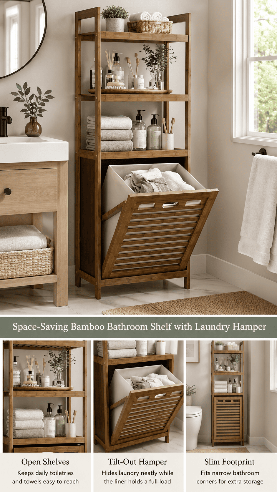 Tall bamboo shelving unit with open shelves, displaying toiletries and folded towels, and a lower tilt-out laundry hamper.