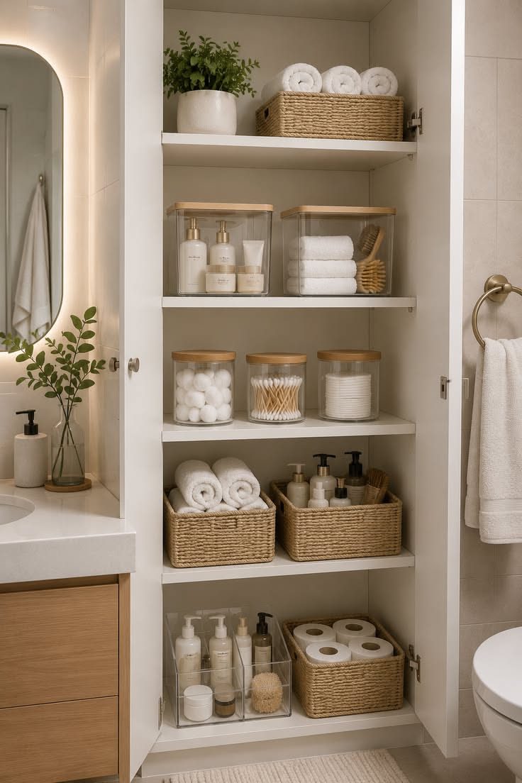 White bathroom cabinet with shelves holding clear containers of toiletries, cotton balls, cotton swabs, and rolled towels.