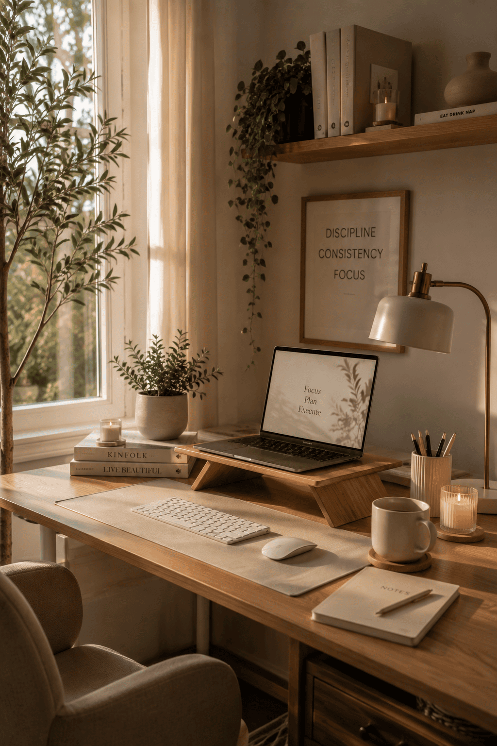 Laptop on a wooden stand, wireless keyboard, and mouse on a light desk pad, with a lamp, mug, and plant nearby.