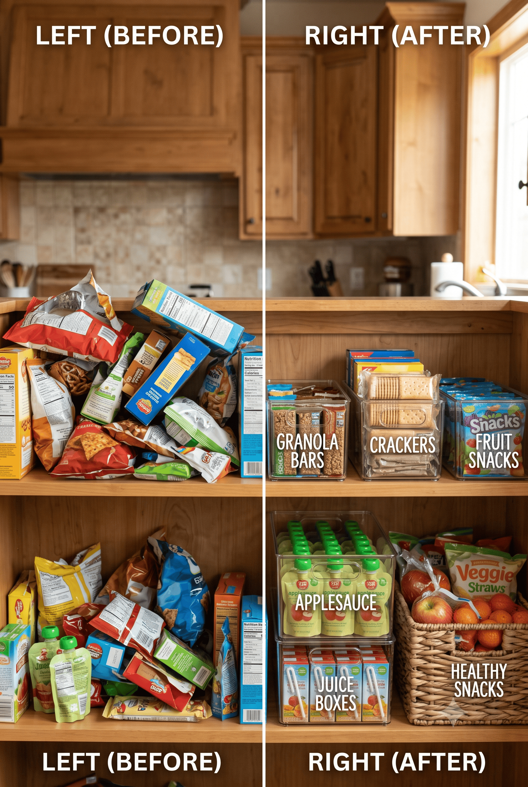 Before and after comparison of a pantry shelf. The 'before' side shows snacks overflowing.