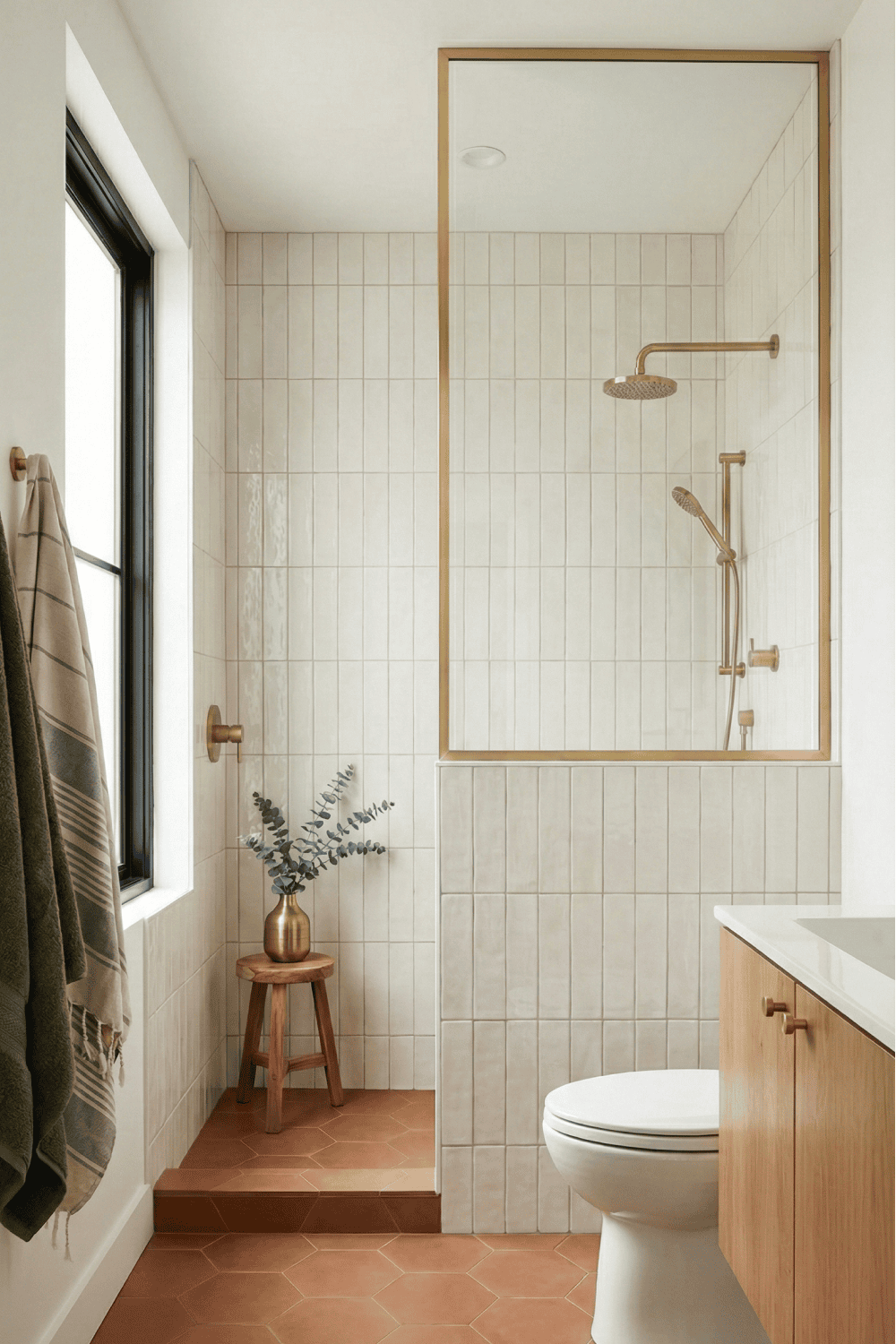 Small bathroom featuring a walk-in shower with a glass partition, terracotta hexagonal floor tiles, and a natural wood…